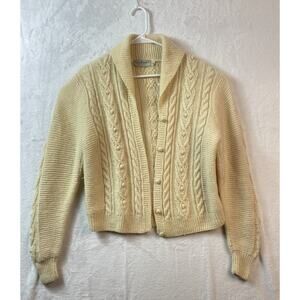 LL Bean Sweater Womens M/L Oatmeal Cable Knit Fisherman Cardigan Collared Wool